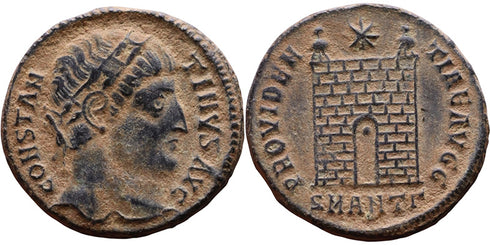 VF+ Ancient Roman coin of Constantine I minted in Antioch - PROVIDENTIAE AVGG - Campgate with 13 levels