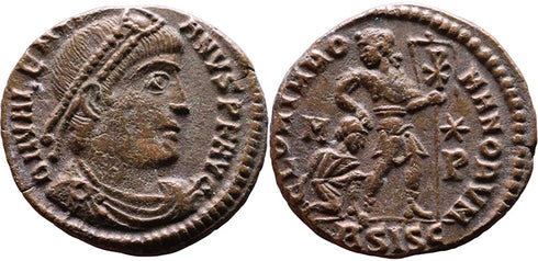 Ancient Roman coin of the Emperor Valentinian I minted in Siscia - Christogram