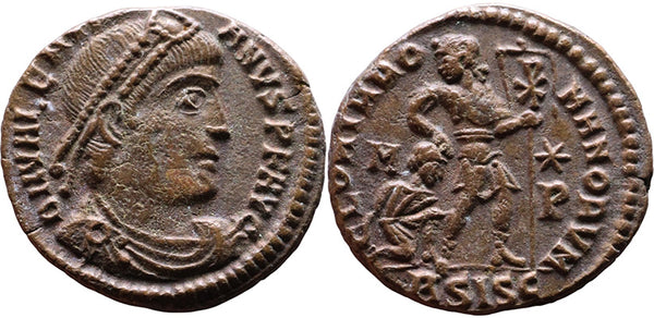 Ancient Roman coin of the Emperor Valentinian I minted in Siscia - Christogram