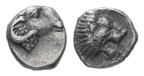 Ancient Greek silver coin from Caria Late 5th BC - Ram and Lion