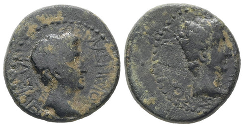 Ancient Roman Provincial coin of the Roman Emperors Augustus and Tiberius