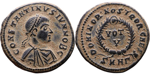 VF+ Ancient Roman coin of Constantine II as Caesar minted in Heraclea - DOMINOR NOSTROR CAES