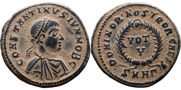 VF+ Ancient Roman coin of Constantine II as Caesar minted in Heraclea - DOMINOR NOSTROR CAES