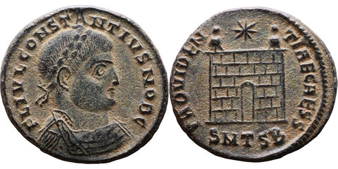 VF++ Ancient Roman coin of Constantius II as Caesar - PROVIDENTIAE CAESS - Campgate with 6 levels