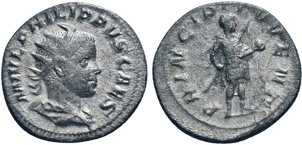 Ancient Roman silver coin of the Philip II as Caesar - PRINCIPI IVVENT