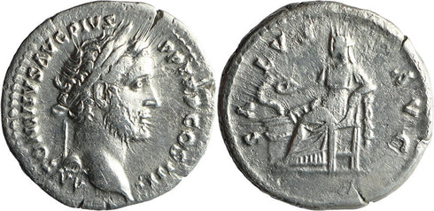 Ancient Roman silver denarius of the Emperor Antoninus Pius minted in Rome