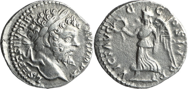 Ancient Roman silver denarius of the Emperor Septimius Severus minted in Rome - Victory holding wreath