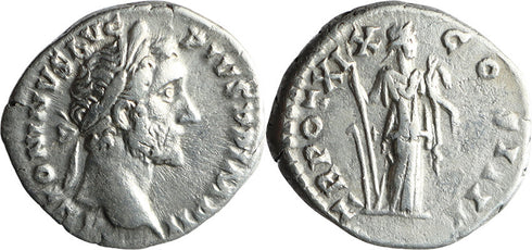 Ancient Roman silver denarius of the Emperor Antoninus Pius minted in Rome