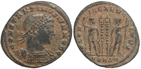 Roman coin of Constantine II - GLORIA EXERCITVS - Constantinople Mint - VF+