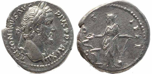 Roman coin of Antoninus Pius AR silver denarius - COS IIII