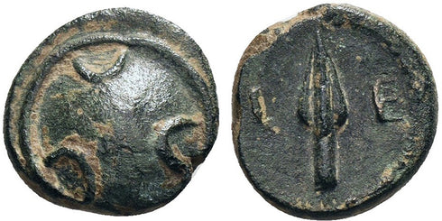 Ancient Greek coin minted in Selge, Pisidia with Shield and Spearhead