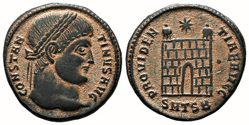 VF+ Ancient Roman coin of Constantine I minted in Thessalonica - PROVIDENTIAE AVGG - Campgate with 6 levels