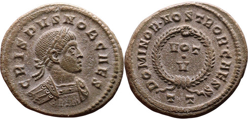 Ancient Roman coin of Crispus minted in Ticinum - DOMINOR NOSTROR CAESS VOT V