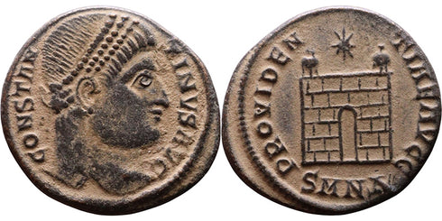 VF+++ Ancient Roman coin of Constantine I minted in Nicomedia - PROVIDENTIAE AVGG - Campgate with 6 levels