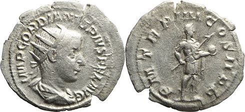 Ancient Roman silver coin of the Emperor Gordian III as Augustus minted in Rome