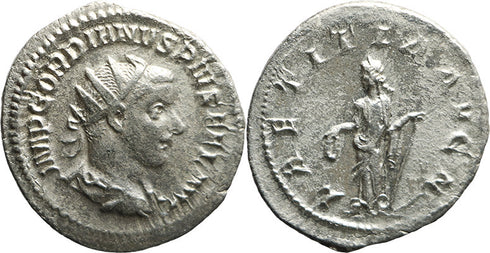 Ancient Roman silver coin of the Emperor Gordian III as Augustus minted in Rome