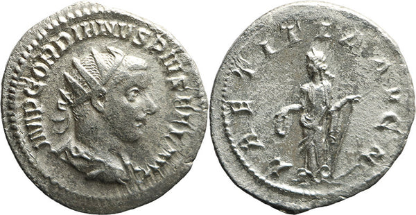 Ancient Roman silver coin of the Emperor Gordian III as Augustus minted in Rome