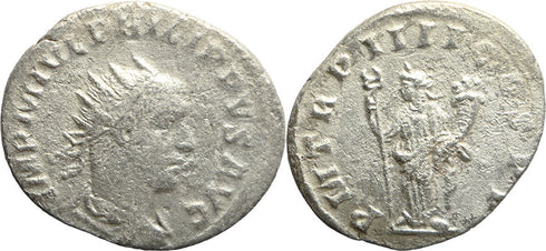 Ancient Roman silver coin of the Emperor Philip I minted in Rome