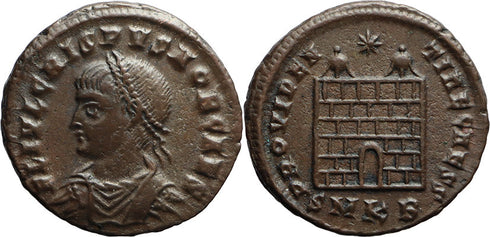 Ancient Roman coin of the Crispus as Caesar minted in Cyzicus - Campgate with 6 levels