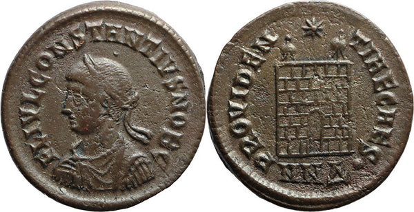 Ancient Roman coin of Constantius II as Caesar - PROVIDENTIAE CAESS - Campgate with 7 levels