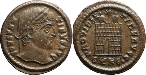 Ancient Roman coin of Constantine I minted in Cyzicus - PROVIDENTIAE AVGG - Campgate with 7 levels