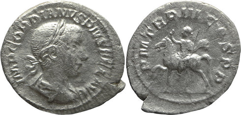Ancient Roman silver coin of the Emperor Gordian III on Horseback