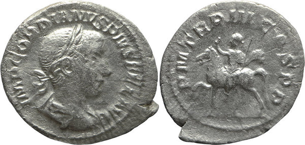 Ancient Roman silver coin of the Emperor Gordian III on Horseback