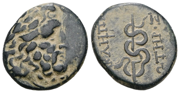 Ancient Greek coin minted in Pergamon, Mysia - Asklepios and a coiled serpent