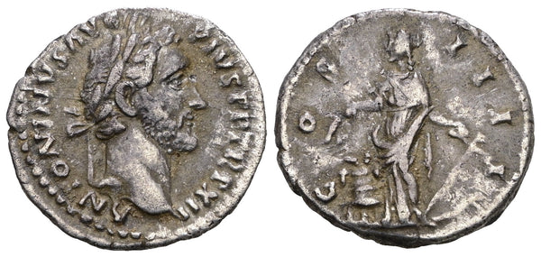 Ancient Roman silver denarius of the Emperor Antoninus Pius minted in Rome