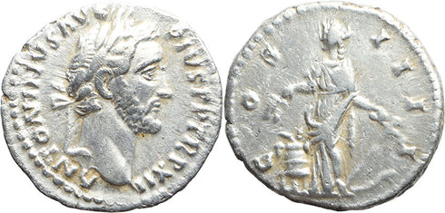 Ancient Roman silver denarius of the Emperor Antoninus Pius minted in Rome
