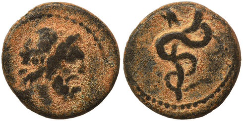 Ancient Greek coin minted in Seleukis and Pieria, Antioch - Asklepios and a coiled serpent
