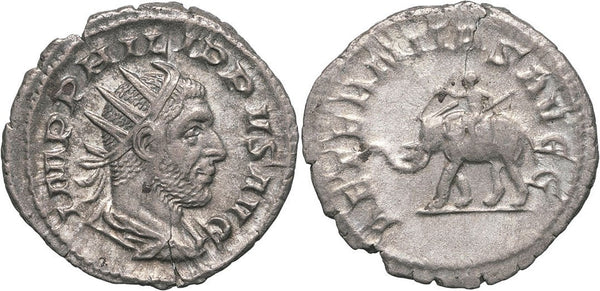 Ancient Roman silver coin of the Emperor Philip I minted in Rome - Elephant