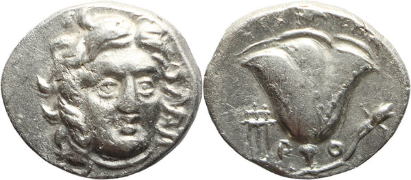Ancient Greek coin from Rhodes, Caria circa 229-205 BC Helios and Rose