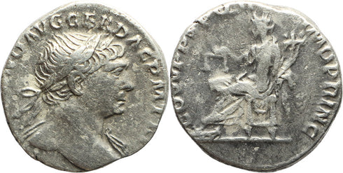 Ancient Roman silver denarius of the Emperor Trajan minted in Rome