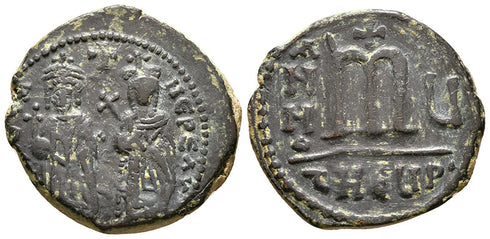 Ancient Byzantine coin of the Emperor Phocas and Leontia AE follis minted in Antioch