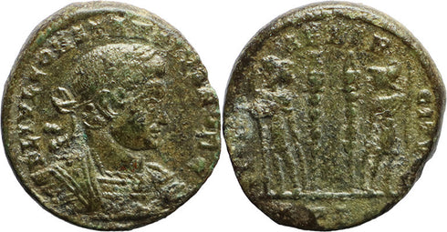 Ancient Roman coin of Constantius II as Caesar - GLORIA EXERCITVS