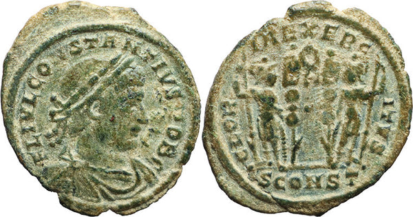 Ancient Roman coin of Constantius II as Caesar - GLORIA EXERCITVS