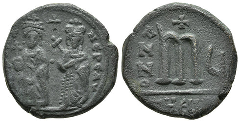 Ancient Byzantine coin of the Emperor Phocas and Leontia AE follis minted in Antioch
