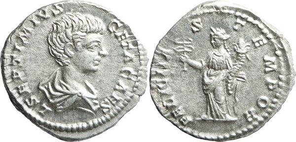 VF++++ Ancient Roman silver denarius of Geta as Caesar