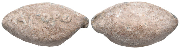 Ancient Greek Lead Sling Bullet inscribed with ΑΓΟΡΟΥ circa 4th to 1st centuries BC