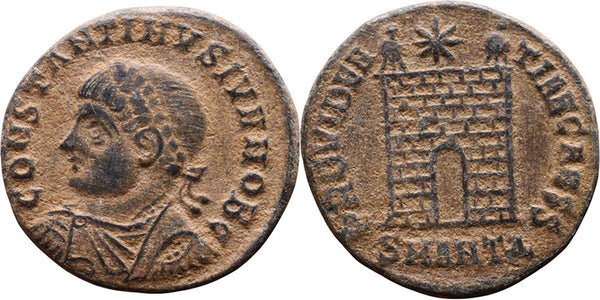Ancient Roman coin of Constantine II minted in Antioch - Campgate with 11 levels