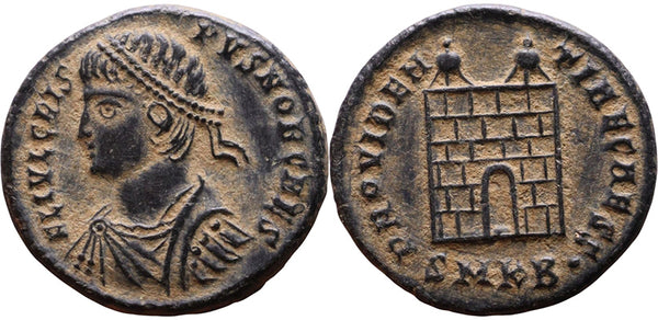 VF+++ Ancient Roman coin of the Crispus as Caesar minted in Cyzicus - Campgate with 6 levels