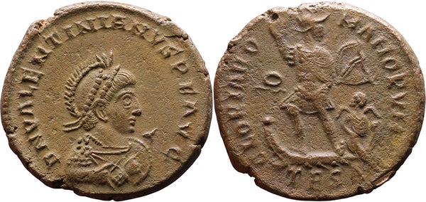 Ancient Roman coin of Valentinian II Ae2 - GLORIA ROMANORVM - Emperor on Galley
