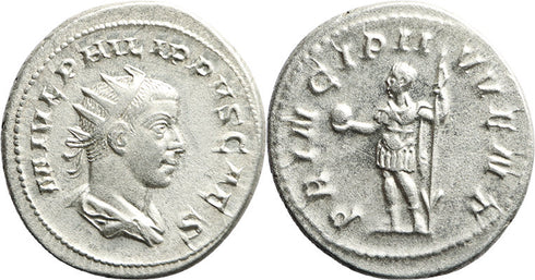 Ancient Roman silver coin of Philip II as Caesar minted in Rome