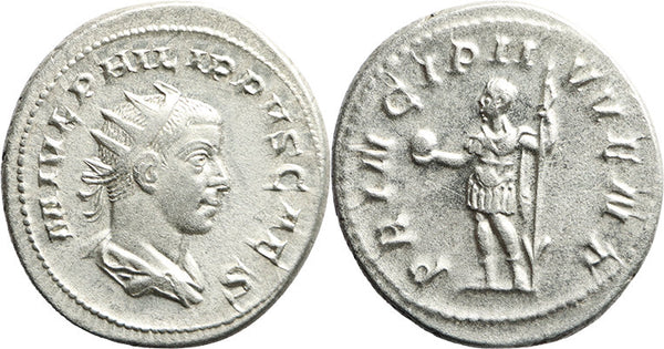 Ancient Roman silver coin of Philip II as Caesar minted in Rome