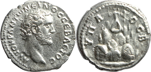 Ancient Roman silver denarius of the Emperor Antoninus Pius minted in Caesaria, Cappadocia