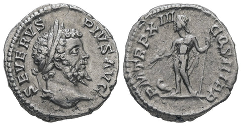 Ancient Roman silver denarius of the Emperor Septimius Severus minted in Rome