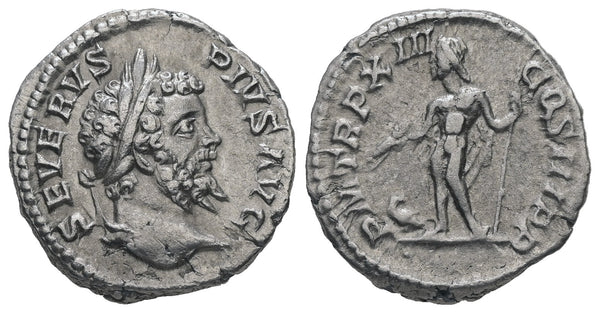 Ancient Roman silver denarius of the Emperor Septimius Severus minted in Rome
