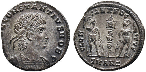 EF+ Fully silvered Ancient Roman coin of Constantius II as Caesar - GLORIA EXERCITVS