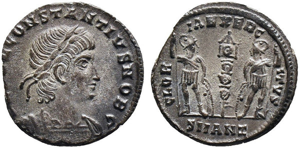 EF Fully silvered Ancient Roman coin of Constantius II as Caesar - GLORIA EXERCITVS